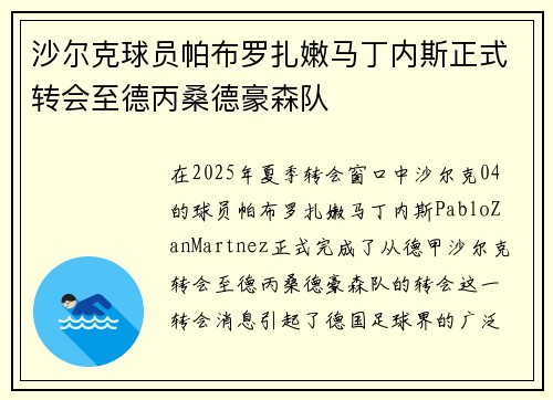 沙尔克球员帕布罗扎嫩马丁内斯正式转会至德丙桑德豪森队 沙尔克球员帕布罗扎嫩马丁内斯正式转会至德丙桑德豪森队