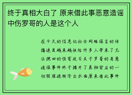 终于真相大白了 原来借此事恶意造谣中伤罗哥的人是这个人 终于真相大白了 原来借此事恶意造谣中伤罗哥的人是这个人
