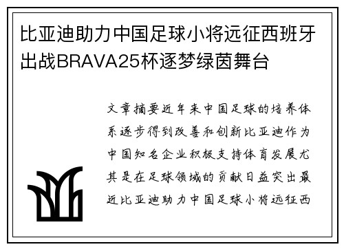 比亚迪助力中国足球小将远征西班牙出战BRAVA25杯逐梦绿茵舞台 比亚迪助力中国足球小将远征西班牙出战BRAVA25杯逐梦绿茵舞台