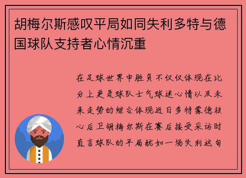 胡梅尔斯感叹平局如同失利多特与德国球队支持者心情沉重 胡梅尔斯感叹平局如同失利多特与德国球队支持者心情沉重